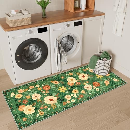 DUKINO 2x5 Runner Rug, Floral Washable Rug for Kitchen Non Slip, Dark Green - Image 4