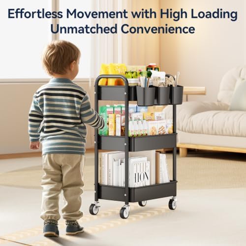YASONIC 3 Tier Rolling Cart, Heavy Duty Metal Utility Cart with Wheel Black - Image 3