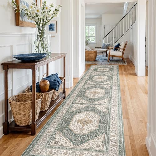 3x14 Washable Hallway Runner Rug - Non-Slip Wide Vintage Rugs Green Beige - Image 2