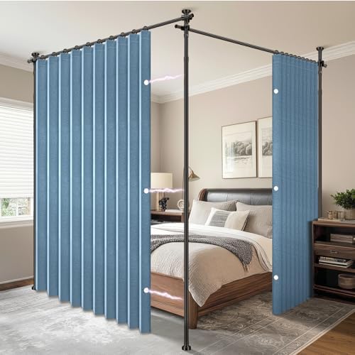 AJAZZ Room Divider Curtain (2 Panels, Blue, W100 x L84 in)+ Tension Curtain Rod No Drilling (H) 43-120×(W) 35-200 in, for Privacy/Soundproof Curtains, Heavy Duty Wall Separator by AJAZZ