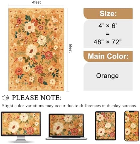 DUKINO 4x6 Area Rug, Floral Washable Rug Non Slip Office Chair Mat, Orange - Image 2