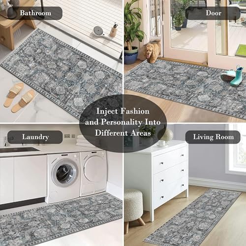 RUGSURE Washable Area Rugs - Perfect for Living Room, Bedroom, Kids Room, Nursery - Stain & Water Resistant Non-Slip, Pet & Child Friendly, Vintage Tribal Area Rugs (Grey and Bule, 2'6'' x 8') - Image 6