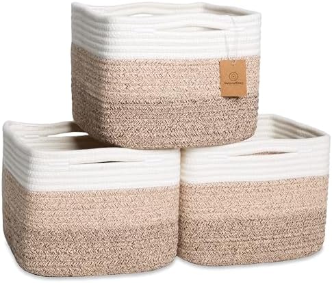 NaturalCozy Storage Cubes 9”x9”x7”Cotton Rope Woven Baskets for Organizing 3-Pack | 9 Inch Cube Storage Bin | Small Basket for Shelf Nursery, Pantry, Decorative Plant, Bathroom Closet, Toy Gift by NaturalCozy