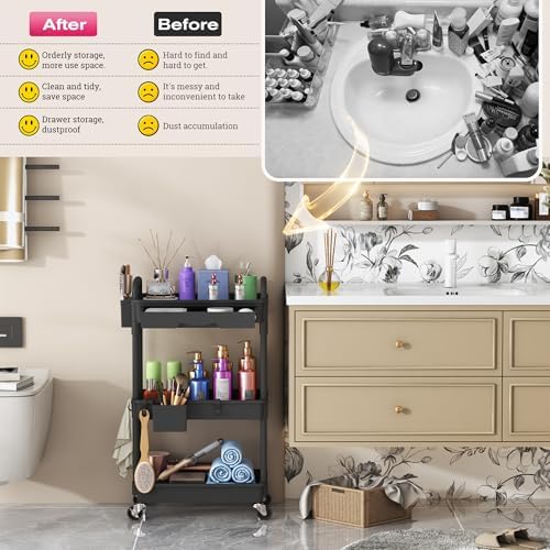 Goovilla Rolling Makeup Organizer Cart with Removable Drawer, 3 Tier Black - Image 7