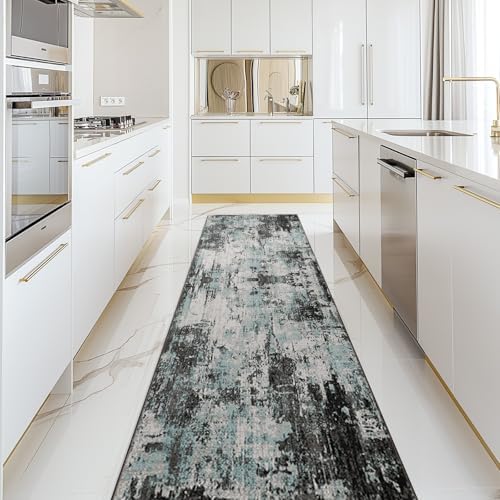 RELEANY Washable Runner 2'x10' Abstract Area Rug for Hallway Teal Black by RELEANY