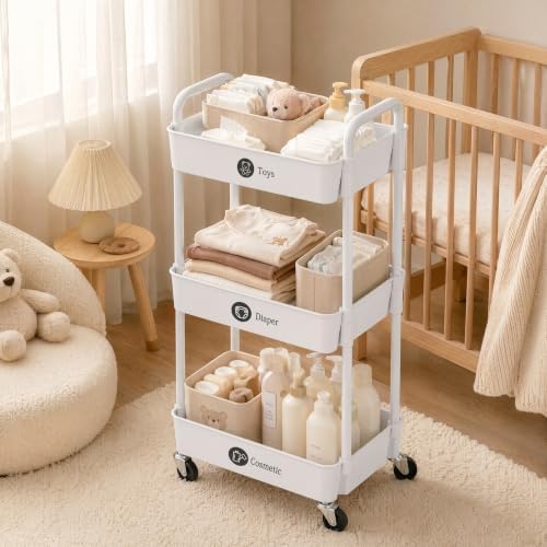 Laiensia 3-Tier Rolling Cart with Wheels,Multifunction Utility Storage Carts, Kitchen Storage Organizer,Mobile Shelving Unit for Bathroom,Laundry,with Classified Stickers,White - Image 6