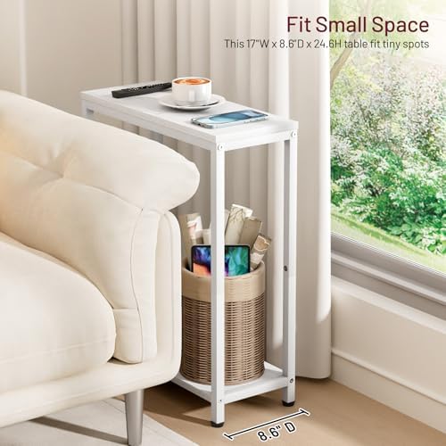 SLEEPING LAMB Narrow Small Side Table for Small Space, 2 Tier Sofa Skinny End Table for Living Room, Bedroom Beside Slim Nightstand, White - Image 2