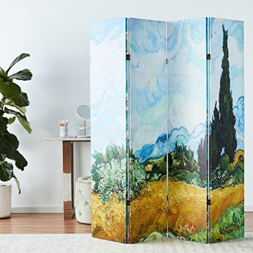 Red Lantern Double Sided Works of Van Gogh Canvas Folding Screen - Almond Blossoms/Wheat Field, 6 ft Tall - 4 Panel - Image 2