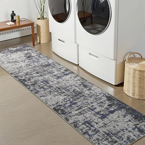 2x8 Washable Runner Rug Non Slip Runners for Hallways, Kitchen Soft Stain Resistant Floor Carpet with Rubber Backing Abstract Rugs for Entryway, Bedroom, Bathroom, Laundry Room, Dark Grey Blue - Image 5