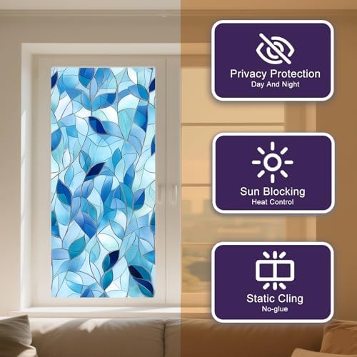 IVN Stained Glass Window Film Blue Leaf Pattern 17.7 x 39.3 Inch - Image 5