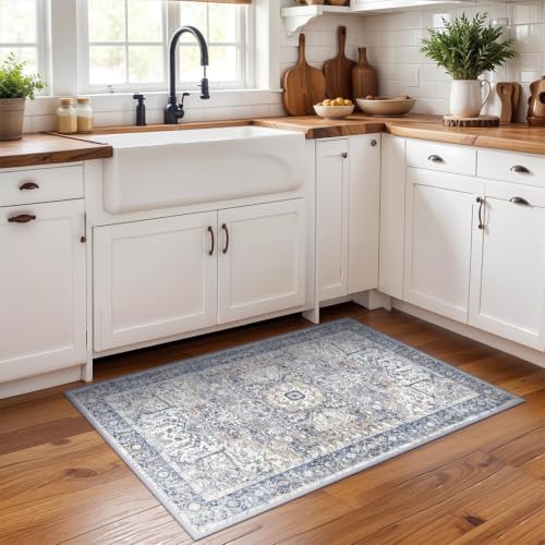 Hanples 2x3 Washable Rugs for Entryway, Vintage Floral Door Mat, Blue - Image 3