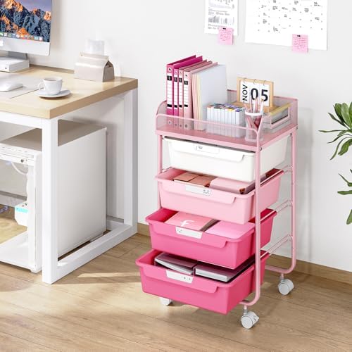 SYKIARIOL 4-Drawer Rolling Storage Cart with Mesh Top, Rose Pink - Image 4