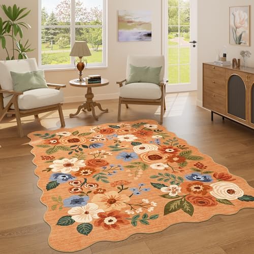 DUKINO 4x6 Area Rug, Non Slip Floral Washable Rug for Living Room, Orange - Image 3