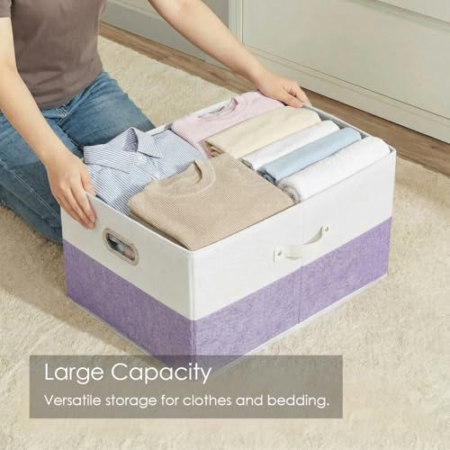 PRANDOM Storage Bins with Lids [3-Pack] Linen Fabric Foldable Storage Boxes Organizer Containers Baskets Cube with Cover for Bedroom Closet Office White&Purple (23.4X15.9X11.4) - Image 2