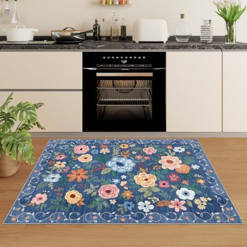 DUKINO 2x3 Entryway Rug, Floral Door Mat Soft Washable Rug Non Slip, Blue - Image 5