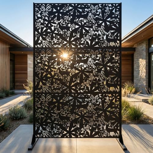 Metal Privacy Screen Outdoor 6FT – Freestanding Laser Cut Steel Garden Divider Panel with Stand, Decorative Modern Privacy Screen for Patio, Deck, Backyard & Balcony, Rustproof & Weather-Resistant by Unknown