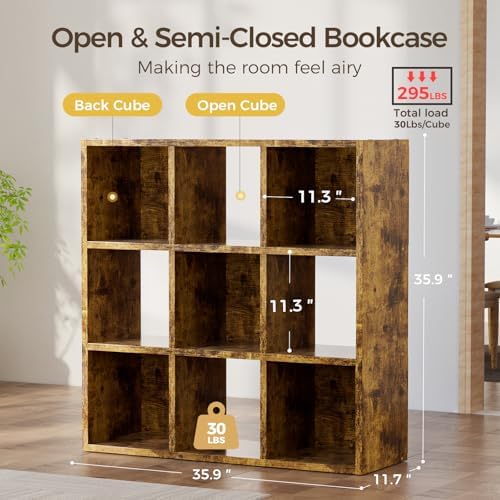 COMHOMA 9 Wood Cube Storage Organizer with Open Back and Removable Back Panels, 11In Brown Cube Storage Bookshelf, Cubicle Shelf Bookcase for Home Office Bedroom Living Room, Vertical or Horizontal - Image 2