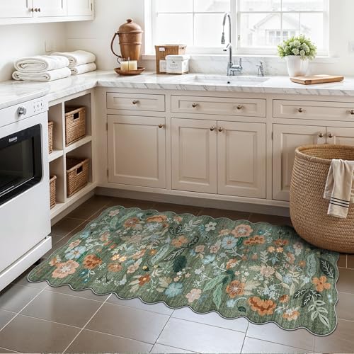 2x5 Washable Kitchen Area Rug: Floral Scalloped Entryway Runner Farmhouse Non-Slip Floor Carpet for Hallway Bathroom Soft Comfort Tile/Hardwood Floors Protection Mat Cute Home Decor(2x5, Floral/Green) - Image 4