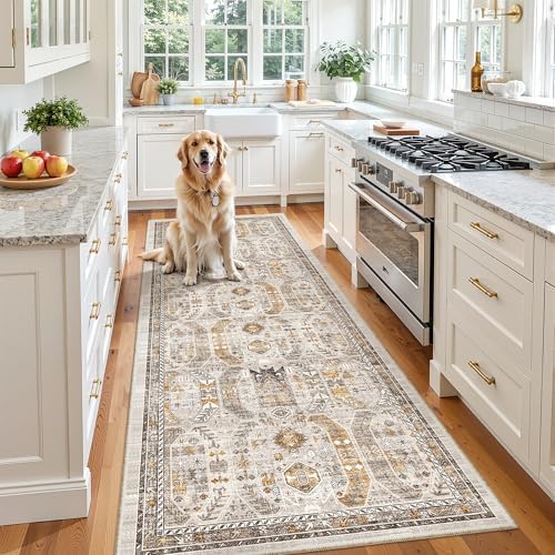 Madane Hallway Runner 3x8, Kitchen Rugs Washable Entry Rug, Brown/Gold by Madane