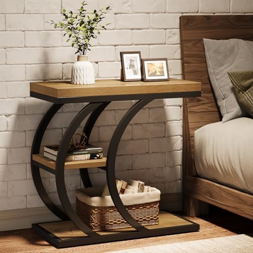 Tribesigns End Table for Living Room, 3-Tier Narrow Wood Couch C-Shaped Side Table with Storage, Industrial Nightstand for Bedroom, Small Spaces, Natural - Image 6