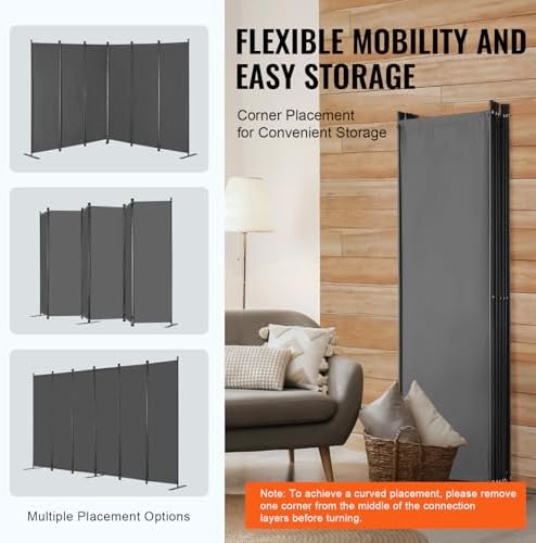 VEVOR Room Divider, 6 Panel Room Divider, Folding Privacy Screen and Portable Partition Divider for Room Separation, Freestanding Room Partitions for Office, Bedroom, Study, Grey - Image 5