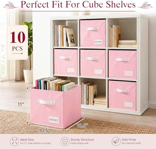 Storage Cubes 10 Pack, 11 Inch Fabric Storage Bins Organizer with Labels, Odor-Free & Sturdy PP Structure, Collapsible Cubby Baskets for Closet, Shelves, Toys & Nursery (Pink) - Image 2