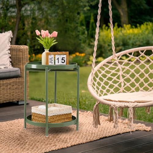 danpinera 2 Tier Metal Side Table with Removable Tray, Folding End Table Outdoor Small Accent Table, Anti-Rust Green Nightstand for Bedroom Balcony Patio, Set of 2 (Dark Green) - Image 7