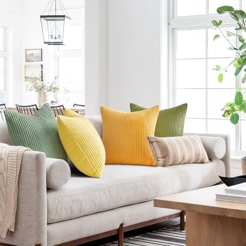 Topfinel Euro Shams Decorative Throw Pillow Covers 26x26 Inch Set of 4,Oversized Large Cushion Cases for Couch Sofa,Living Room,Corduroy Yellow Green Summer Home Decor - Image 4