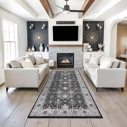 Washable 4x8 Hallway Runner Rug: Vintage 8ft Soft Runners for Entry Living Room Wide Low Pile Carpet with Non-Slip Backing for Kitchen Bedroom Thin Stain Resistant Floor Mat for Dining Room(Black,4x8) - Image 4