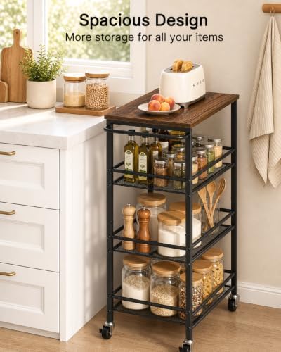 Pipishell Metal 4 Tier Laundry Storage Cart with Wheels, Handle & Wood Top - Image 4