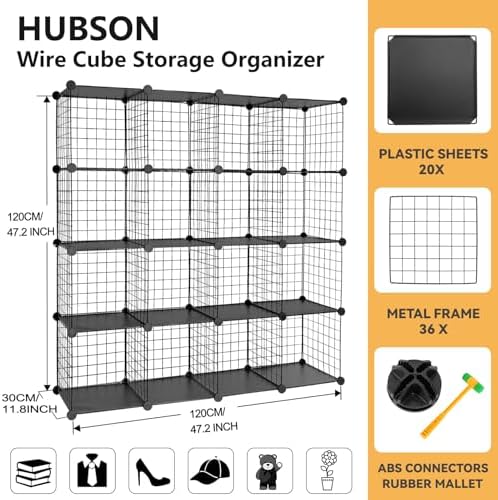 HUBSON Wire Cube Organizer, Book/Toy/Craft/Potted Plants and Pet Closet Organizers, 16-Cube Freely Combinable Metal Grids Storage Shelf, Black Plus Iron - Image 3