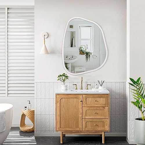 Irregular Oval Wall Mirror Large White 20"x16" Inches Asymmetrical Mirror Modern Wood Frame Unique Shape Wall Mounted Vanity Artistic Mirror Decor for Living Room Bedroom Bathroom Entryway - Image 6