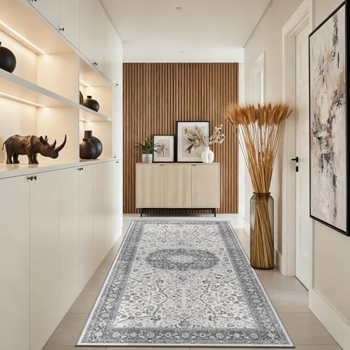Hallway 4x8 Washable Runner Rug: Oriental Stain Resistant Entryway Kitchen Rug Farmhouse Soft Carpet for Bathroom Bedroom Thin Laundry Room Floor Mat with Non Slip Backing for Pets Family(4x8,Grey) - Image 2
