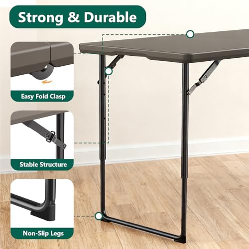 Folding Table, 4FT Foldable Picnic Table with Carrying Handle, Heavy Duty Fold-in-Half Portable Table for Weddings, Camping, RV Travel, Parties, BBQs, and Indoor Use, Easy to Fold and Store, Khaki - Image 4