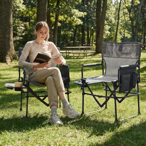 EVER ADVANCED Camping Directors' Chair with Side Table, Portable Folding with Compact Size, Breathable & Quick Dry Design Heavy Duty Lawn Chair with Pocket, 400lbs, Elastic Mesh, Grey - Image 2