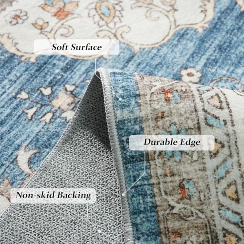 Ksrau 3x6 Runner Rug Washable Vintage: Non Slip Hallway Runners Blue/Beige - Image 4