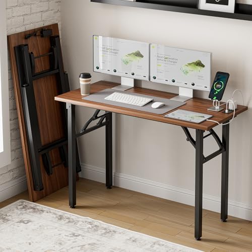 Frylr Small Folding Computer Desk – 43.3 Inch Portable Table for Craft and Study, Lightweight Desk for Small Spaces, Foldable Laptop Table Built-in AC/USB Outlets for Convenience, Dark Walnut by Frylr