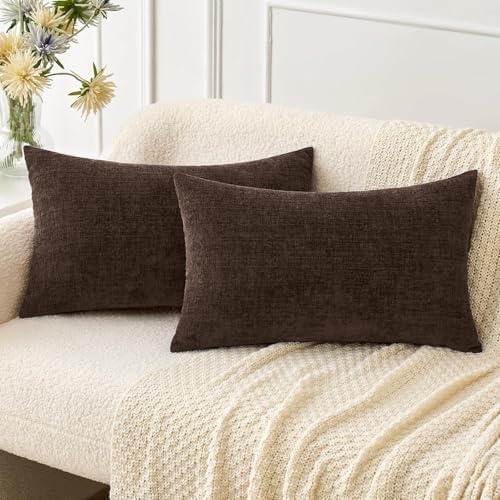 MIULEE Chenille Fall Lumbar Throw Pillow Covers Chocolate Brown 12x20 by MIULEE