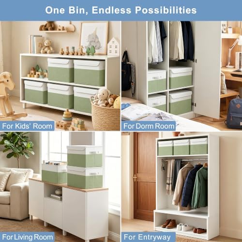 Large 17" 42 Quarts Collapsible Stackable Storage Bins with Lids [3-Pack] Foldable Fabric Linen Storage Boxes Cube, Closet Organizer Baskets with Label for Home (16.7 x 12 x 12", Green & White) - Image 4