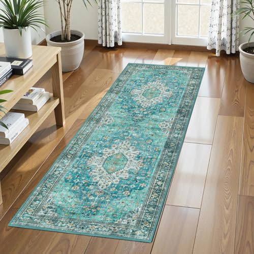 Washable Area Rug 2'6'' x 8' Vintage Traditional Persian Mat - Foldable Distressed Non-Slip Machine Washable Carpet for Living Room Bedroom Kitchen Home Decor - Teal and Gold by Unknown