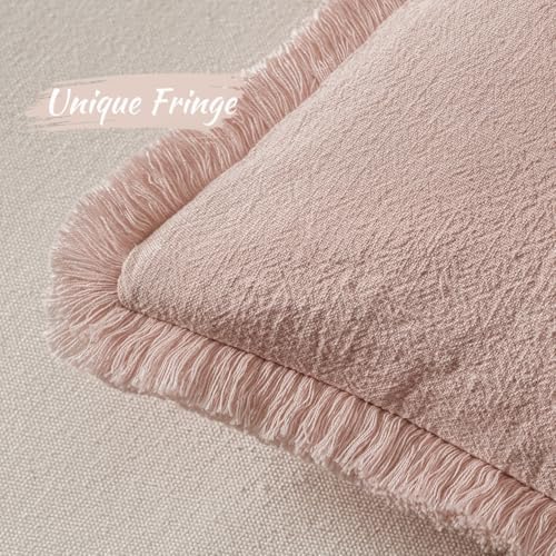 MIULEE Boho Linen Fringe Decorative Throw Pillow Covers Light Pink 18x18 - Image 3