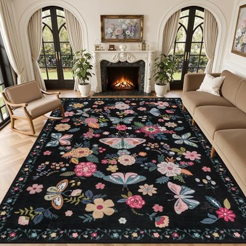 8x10 Area Rug Living Room: Soft Floral Washable Boho Carpet Black by EXPEDIX