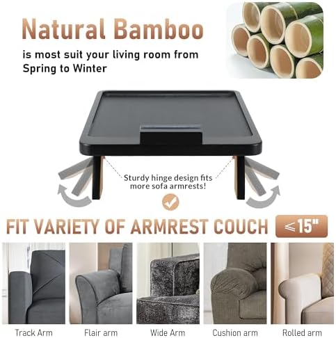 SINWANT Large Couch Armrest Table, 15.75"x 11.8" Bamboo Couch Arm Table with 360° Rotating Phone Holder,Foldable Anti-Slip Sofa Arm Tray for Snacks,Drinks,Remotes on Wide Armrest - Image 3