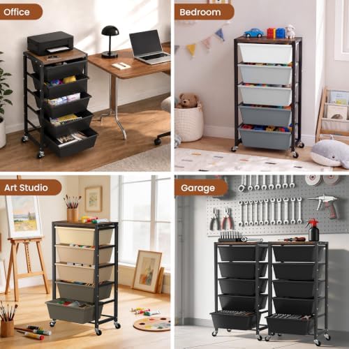 Rolling Cart with 5 Drawers, Plastic Drawer Storage Carts with Wheels & Wooden Tabletop, Metal Utility Cart for Office Bedroom Living Room Classroom, Craft Organization and Storage, Brown - Image 6