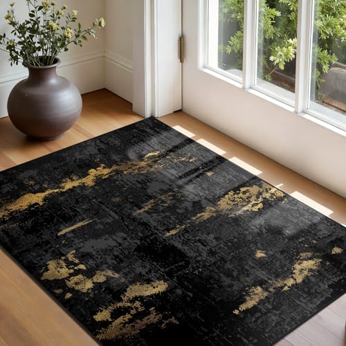 RELEANY Washable 3'x5' Abstract Area Rug for Living Room Black Gold - Image 3