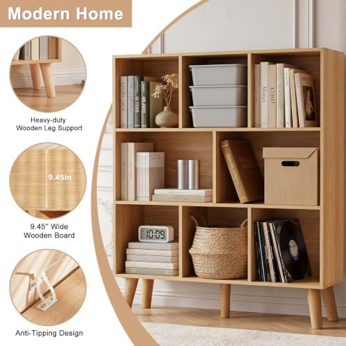 YAHARBO 8 Cube Natural Bookshelf,4 Tier Book Shelf with Legs,Modern Minimalist Bookcase,Open Book Shelves Storage Organizer,Frees Standing Wooden Display Bookcases for Small Space,Bedroom,Living Room - Image 5