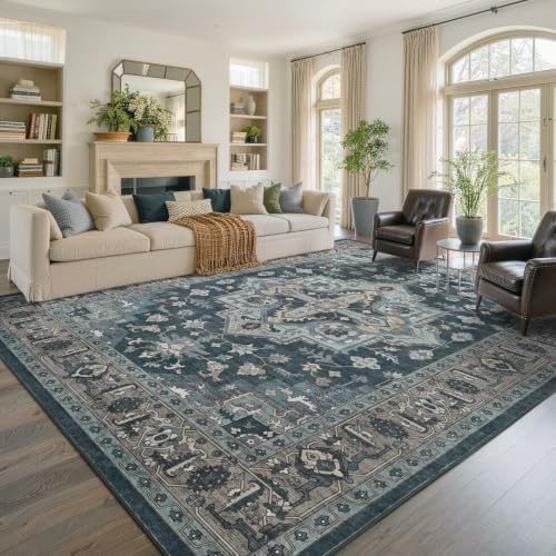 9x12 Ft Extra Large Area Rugs for Living Room, Soft Non-Slip Machine Washable Rug, Vintage Stain Resistant Carpets for Bedroom Nursery Dining Room Home Decor (Blue) - Image 2