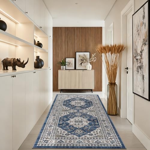 Washable 4x8 Hallway Runner Rug: Vintage 8ft Soft Runners for Entry Kitchen Wide Low Pile Carpet with Non-Slip Backing for Living Room Bedroom Thin Bathroom Carpet for Dining Room Foyer（4x8,Blue - Image 4