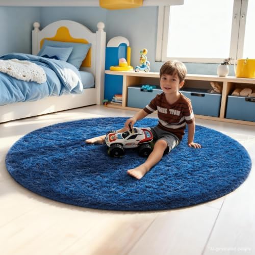 Ophanie Round Rug 5Ft Blue Circle Area Rug, Boys Room Decor, Fluffy Fuzzy Bedroom Carpet, Plush Soft Shaggy Living Room Rugs for Home Aesthetic with Over 99 pcs Pile fibers - Image 3