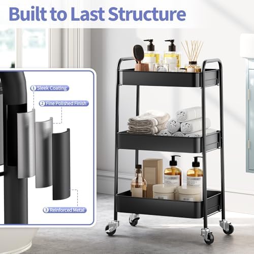 TOOLF 3 Tier Metal Rolling Cart, Utility Storage Cart with Wheels, Black | Screwless Assembly, Lockable Metal Wheels, Trolley Organizer for Bathroom, Kitchen, Office, Dorm, Laundry, Craft Room - Image 4